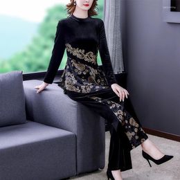 Women's Two Piece Pants 2023 Silk Velvet Long Sleeve Top And Set For Loose Large Print Retro Slim Wide Leg