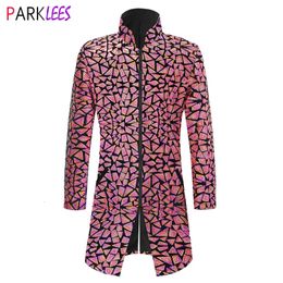 Mens Suits Blazers Shiny Pink Geometric Sequin Long Blazer Jacket Men Stand Collar Zipper Glitter Party Prom Stage Costume Homme 5XL 231123
