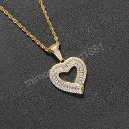 Gold Color Bling Iced Out Hollow out Heart Pendants Necklaces Paved AAA Zircon Stone for Men Fashion Jewelry