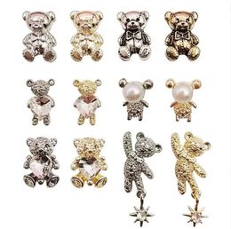 Nail Art Decorations 10PCS Cartoon Gold Silver Bow Bear Charm Shining Pearl Crystal Hug Jewellery DIY Charms Manicure Accessories 231123