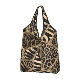 Shopping Bags Fashion Animal Print Tote Bag Portable Leopard And Zebra Pastel Gold Groceries Shoulder Shopper