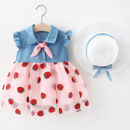 Girl Dresses 2023 The Summer Of Ribbon Denim Dress Sleeveless For Girls Is Full Strawberry Gauze Straw Hat