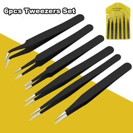 New 6PCS ESD Safe Anti-Static Stainless Steel Tweezers Set Maintenance Tools Industrial Precision Curved Straight Repair Tools