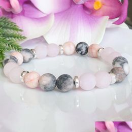 Jewellery Mg1517 Strand Matte Rose Quartz Gemstone Bracelet Pink Zebra Jasper Beaded Bracelets Heart Chakra Healing Crystals Mala Drop Dh9Xd