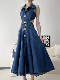 Basic Casual Dresses Hollow Out Denim Dress for Women Lapel Sleeveless High Waist Spliced Split Blue Long Female Clothes Fashion Summer 231123