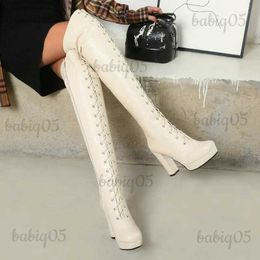 Boots PU Leather Women Over the Knee Boots Platform Square High Heel Ladies Long Boots Fashion Cross Tied Women Winter Shoes Beige T231124