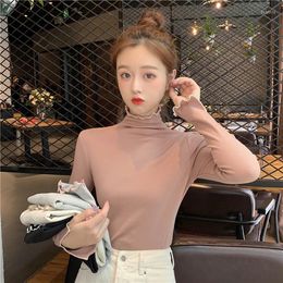 Women's T Shirts Autumn Korean Of The Slim Long-sleeved Half-high Collar Bottoming Wood Ears T-shirt