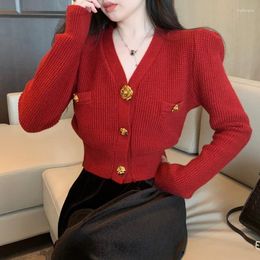 Women's Knits Autumn Winter V-Neck Long Sleeved Knit Bottom Sweater Cardigan Jacket Red Black