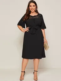 Plus Size Dresses Elegant Summer Spring Ruffle Sleeve Sashes Midi Dress Women Black Tie Front Lace Patchwork Casual Large 7XL