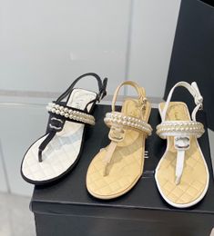 Small Incense Pearl Clip Foot Flat Sandals Female 2023 New Chain Casual Korean Version Slippers Trend