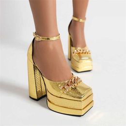 Nxy Sandals Gold Stone Pattern Women Pumps Big Size Double Platform Shoes for Fashion Chain Buckle Strap Square Toe Chunky Heel 230406