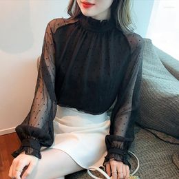 Women's Blouses Black Chiffon Women Blouse Edible Tree Stand Collar Button Long Sleeve Top Mesh Sexy Womens OL Flare Shirt