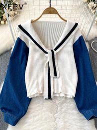 Women's Sweaters XFPV Sweet Navy Blue Denim Spliced Knitted Cardigan Loose Sweater For Women Korean Fashion Tide Autumn Winter 2023 SM9126