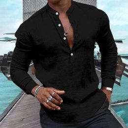 Men's Casual Shirts Solid Colour Long Sleeve Spring Autumn Shirt And Blouse Pullovers Henley V-Neck Button Tops Men Clothing