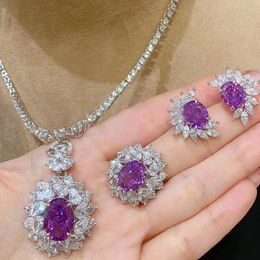 Lab Amethyst Diamond Set Sterling Sier Engagement Wedding Rings Earrings Necklace for Women Promise Jewelry