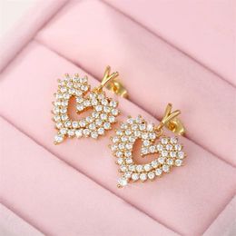 Dangle Earrings Shiny Heart For Women Korean Fashion Iced Out Cubic Zirconia Gold Colour Ear Ring Female Jewellery Wholesale KBE354