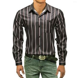 Men's Casual Shirts 2023 Long Sleeve Business Shirt Black Stripe Printed Lapel Chest Pocket Men Button Up Male Blouse