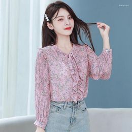 Women's Blouses French Fashion Lady Bandage Floral Fold Chiffon Shirts Women Tops Woman Button Up Shirt Female Girls Long Sleeve Blouse