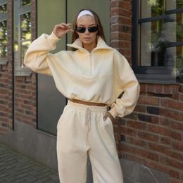 Women's Two Piece Pants Autumn Winter 2 Pieces Women Casual Turtleneck Sweatshirt Zip Up Tracksuit Top And Straight Jogging Suits Solid