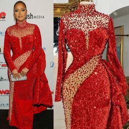 High Neck Aso Ebi Red Prom Gowns Long Sleeves Backless Sequined BeadedEvening Birthday Party Second Reception African Arabic Formal Dress Engagement Gowns ST248