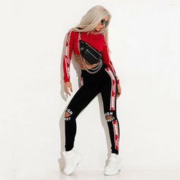 Women's Pants Uoozee Female Gym Sportswear Two Pieces Suits Red Letter Printed Crop Hoodies And Holes Sport For Women 2023