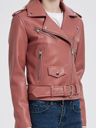 Women's Leather Women Spring Autumn Beige Black Pink Faux Jackets Zipper Basic Coat Turn-down Collar Motor Biker Jacket With Belt