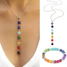 Charm Bracelets 7 Chakra Gem Stone Beads Pendant Necklace Women Yoga Healing Balancing Maxi Choker Bracelet Bijoux Femme Jewellery Set 230424