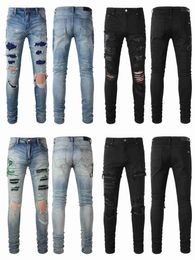 Designer Clothing Denim Pants Amiiri Blue Diamond Pierced Embroidery Snake Patch Jeans Distressed Ripped Skinny Motocycle Biker Straight Rock Pants