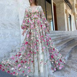 Wedding Dress Charming 3D Floral Dresses High Quality Deep V-neck Long Sleeves Bride Sweep Train A-line Flowers Bridal Gown
