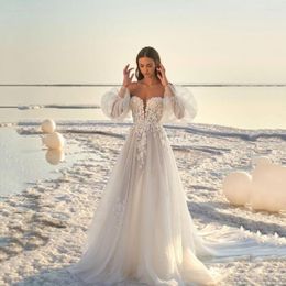 Wedding Dress Ramanda BOHO Sweetheart Appliques Illusion Puff Sleeves Tulle Bridal Gown Modern A-Line Backless For Momen