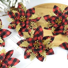 Decorative Flowers 5pcs Red Black Plaid Christmas Flower Glitter Artifical Poinsettia Xmas Tree Ornament Year Party Home Decoration Fake