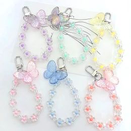 Cute Butterfly Flower Keychain Fashion Transparent Bead Lanyard Keyring Mobile Phone Chain Women Car Key Bag Pendant Girl Gift