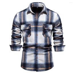 Men's Casual Shirts Luxury Autumn Winter Thicken Plaid For Men Slim Fit Outwear Over Jacket Business Double Pocket Tops