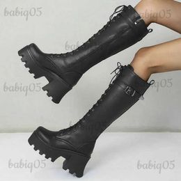Boots Platform Square High Heel Women Knee High Boots PU Leather Motorcycle Boots Short Plush Winter Boots Square Toe Lace Up Boots T231124