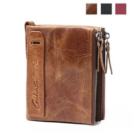 high quality fashion short coin purse super slim brown black business style double zipper men designer cowhide genuine leather wal243f