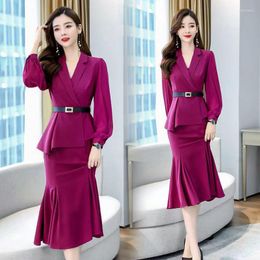 Two Piece Dress Formal Suits Sets Office Lady Ruffle Slim Blazers Outfits Elegant Puff Sleeve Casual Short Coat Belt Sexy Midi Skirts