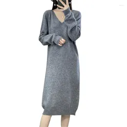 Casual Dresses Tailor Sheep Winter Women Merino Wool Knitted Skirts Suit Elegant Thicken Warm V-Neck Pullover And Split Outfits Office