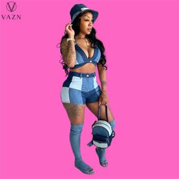 Women's Tracksuits VAZN 2022 Sleeveless Strapless Dew Waist Top Buttons Short Pants Printed Sexy Street Style Denim Two Piece Sets P230419