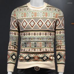 Men's Sweaters 2023 Fall Contrast Color Geometric Print Sweater Long Sleeve Slim Printing Pullover Social Shirt Streetwear Men Clothing