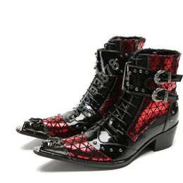 2024 High Heels Leather Ankle Boots Men Iron Toe Buckles Zip Black Red Punk Motorcycle Short Boots for Man, Big Sizes