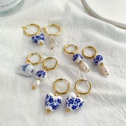 Hoop Huggie Asymmetric Handmade Round Heart Flower Ceramic and Pearl Earrings for Women Golden Color Stainless Steel Circle 230424