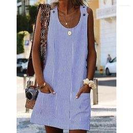 Casual Dresses 2023 Loose T Shirt Fashion Pullover Tops Summer Women Tank Dress Vest Female Print Striped Sleeveless Pocket