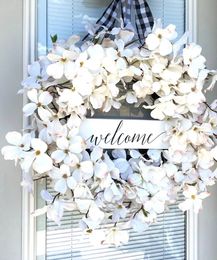 Faux Floral Greenery Front Door Front Door Hanging Welcome Sign Wreath Handmade White Artificial Flower for Easter White Wreath Hanging Wall Decor 231123