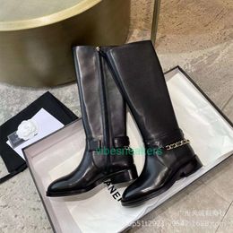 designer boots high heels Little Fragrance Leather Thick Heel Knee Length chanelies Boots Women's Chain Barrel Rider Boots Black Motorcycle Boots