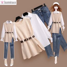 Women's Two Piece Pants Autumn Increased Size Korean Chiffon Shirt Knitted Sweater Jeans Three Elegant Set Tracksuit 231123