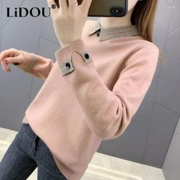 Women's Sweaters 2023 Autumn Winter Contrast Color Doll Collar Long Sleeve Sweater Women Casual Loose Button Pullovers Patchwork All-match