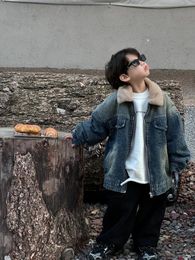 Jackets Retro Velvet Denim Coat Boy 2023 Autumn Winter Warm Comfortable Fashion Solid Color Korean Style Of Children