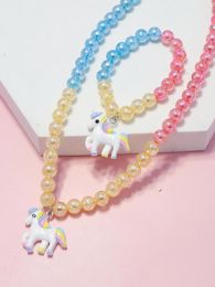 Necklace Earrings Set 2 Pieces/set Children's Sweet Bracelet Cartoon Animal Pendant Color Crackle Beads Girls Jewelry Party Gifts