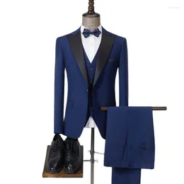 Men's Suits Lansboter Blue Men 3 Pieces With Black Lapel Slim Business Casual For Wedding Groom Tuxedo Set Jacket Vest Pants