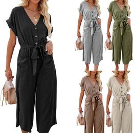 Women's Two Piece Pants Spring And Summer Women's High Quality Loose V-neck Lace Up Pocket Jumpsuit Fashion Short Sleeve Casual Dress